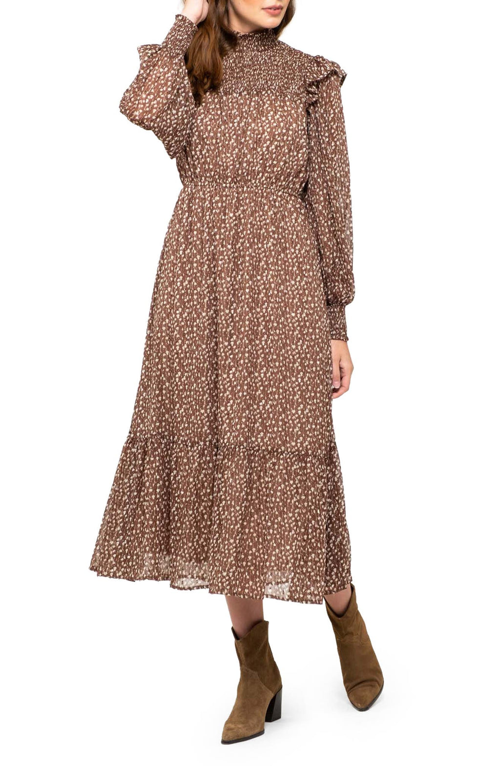 AUGUST SKY Ditsy Long Sleeve A-Line Midi Dress, Main, color, BROWN MULTI