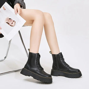 image 1 of Platform Black Short Combat Boots  Fashion Comfortable Zipper & Lace Up Boots  Women‘s Outdoor Footwear
