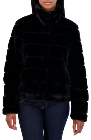 SEBBY Snap Front Faux Fur Jacket, Main, color, BLACK