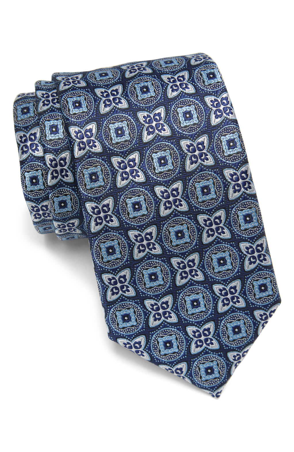 SAVILE ROW CO Vizard Medallion Print Tie, Main, color, NAVY