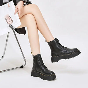image 4 of Platform Black Short Combat Boots  Fashion Comfortable Zipper & Lace Up Boots  Women‘s Outdoor Footwear
