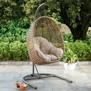 image 3 of Better Homes & Gardens Lantis Patio Wicker Hanging Egg Chair with Stand - Tan Wicker, Beige Cushion