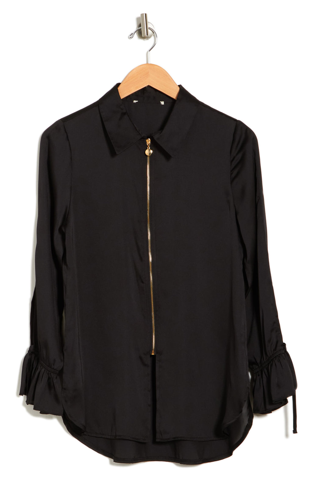 BY DESIGN Italia Front-zip Silk Collared Blouse, Main, color, BLACK