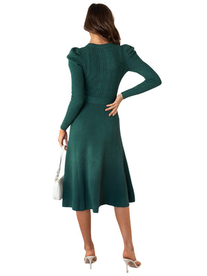 Pudcoco Women Long Sleeve Knit Midi Dress Solid Color Tie Belted Knitted Sweater Dress A-Line Midi Dresses - image 3 of 7