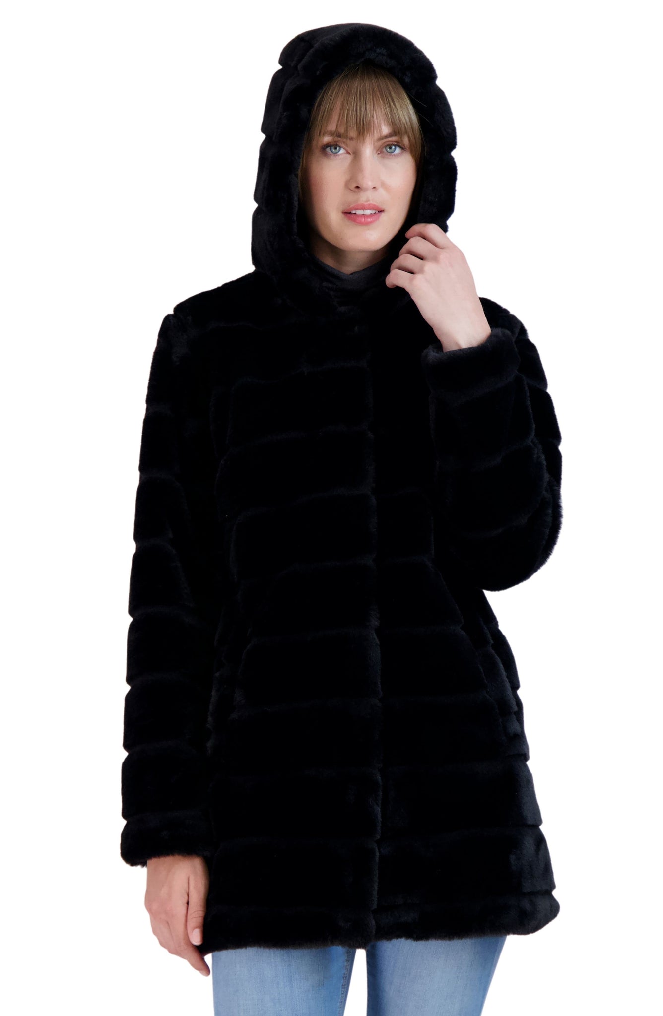 SEBBY Hooded Faux Fur Jacket, Alternate, color, BLACK