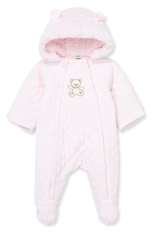 LITTLE ME Quilted Bear Hooded Footie, Main, color, PINK