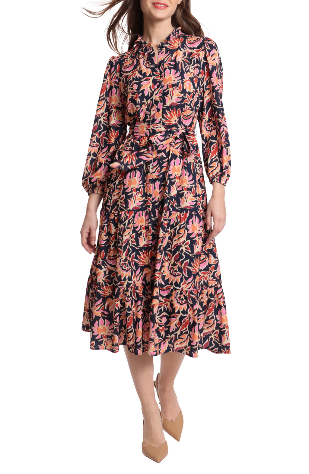 DONNA MORGAN FOR MAGGY Floral Long Sleeve Maxi Dress, Main, color, NAVY/ PINK