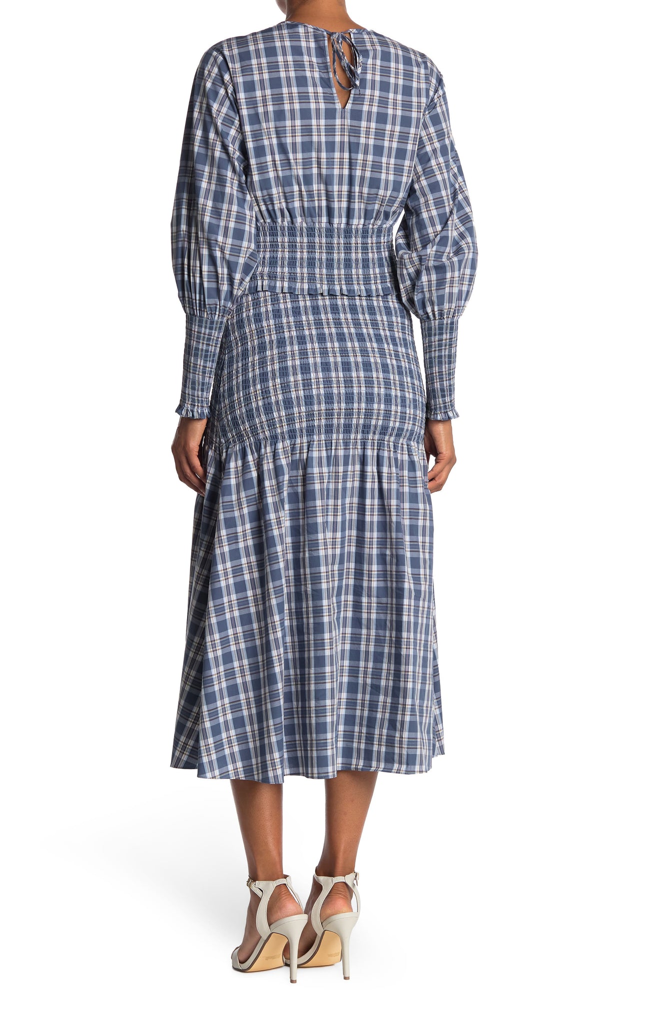 SOMETHING NAVY,
                                                Blanche Plaid Long Sleeve Smocked Midi Dress,
                                                Alternate thumbnail 2, color,
                                                BLUE/ WHITE