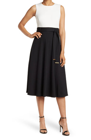 CALVIN KLEIN Color Block Belted Midi Dress, Main, color, WHITE BLACK