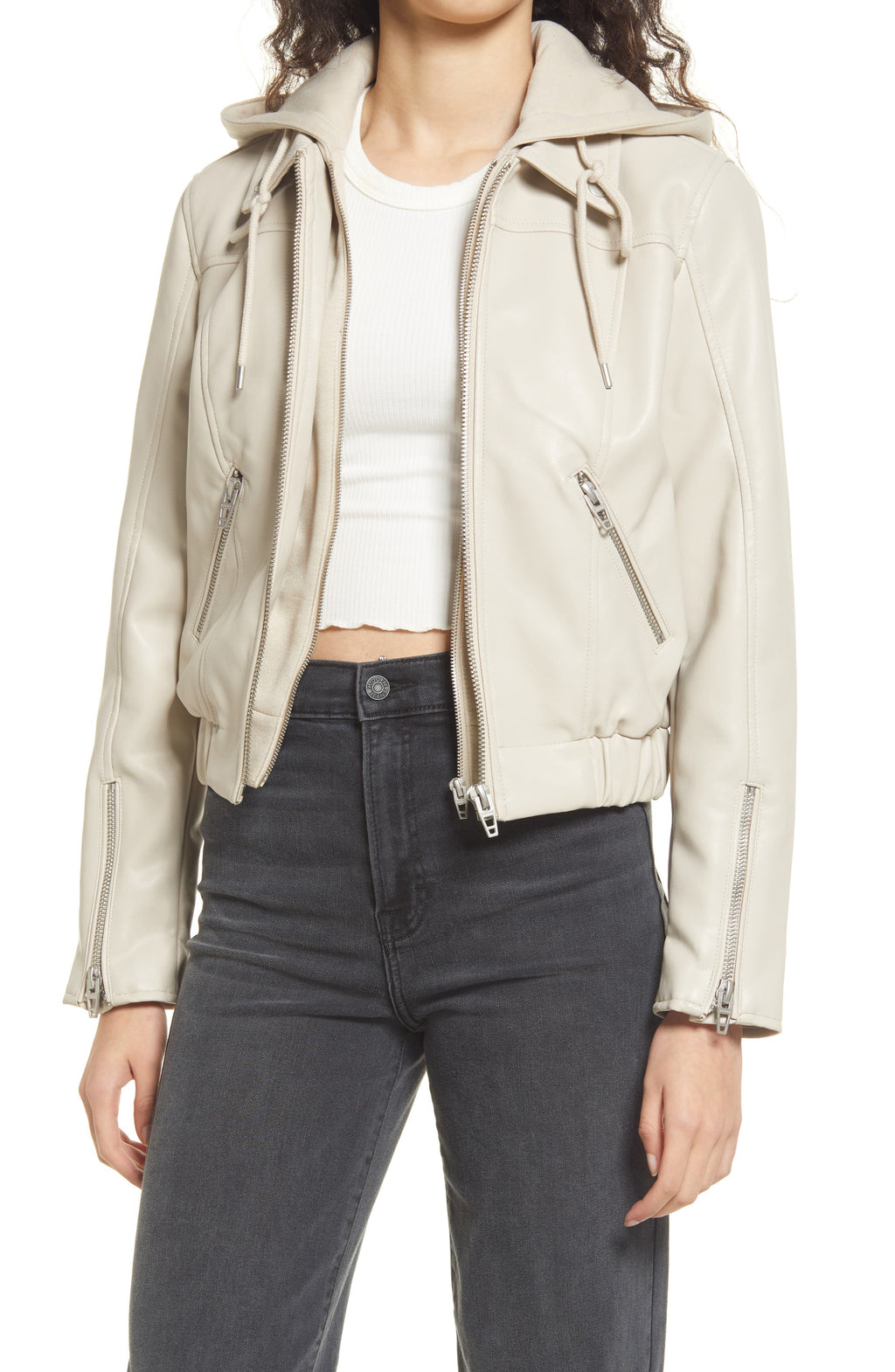 BLANKNYC Faux Leather Bomber Jacket with Removable Hood, Main, color, ON ME