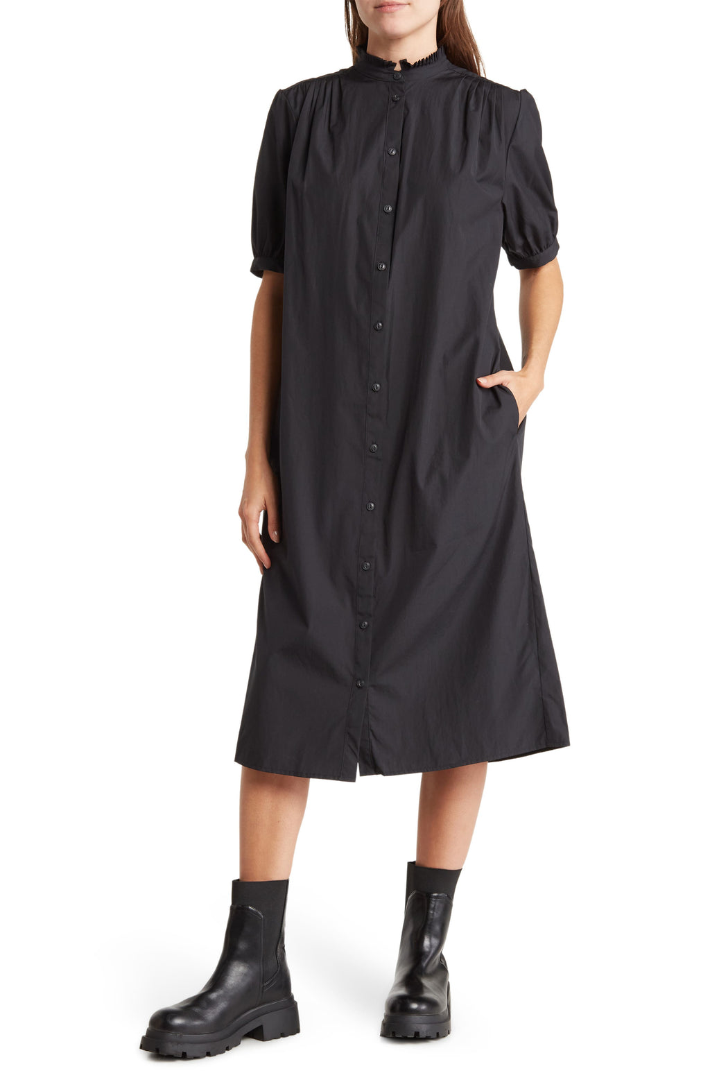 rag & bone Jordan Cotton Midi Shirtdress, Main, color, BLACK