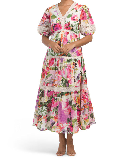 Cotton Voile Floral Dress With Crochet Detail