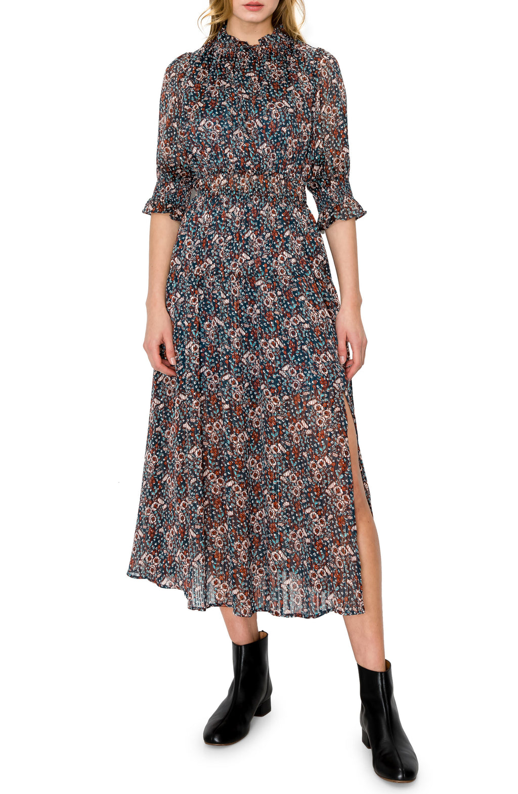 MELLODAY Mock Neck Elbow-Length Sleeve Floral Print Midi Dress, Main, color, MULTI