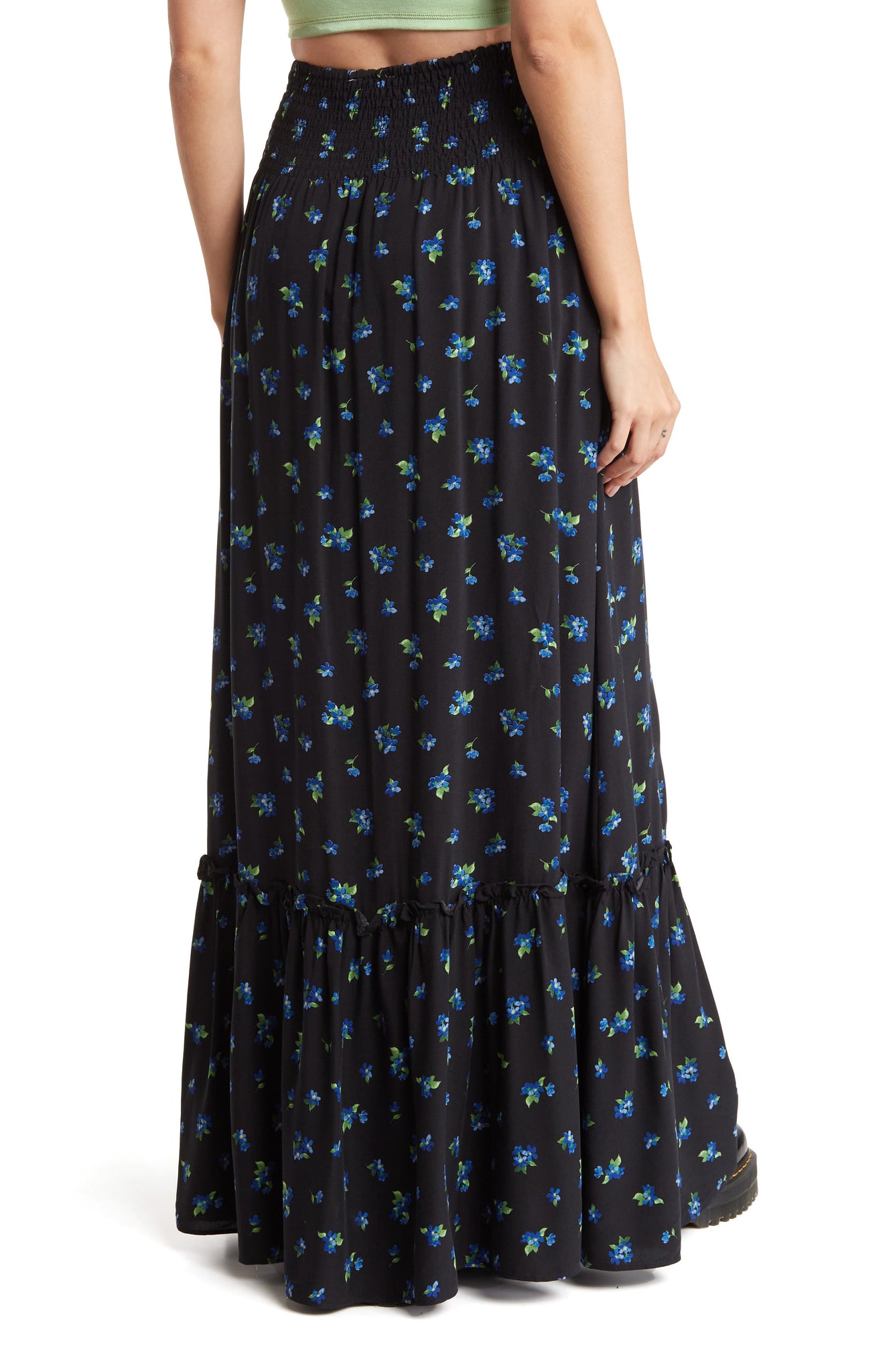 WE WORE WHAT Floral Tiered Ruffle Maxi Skirt, Alternate, color, BLACK MULTI