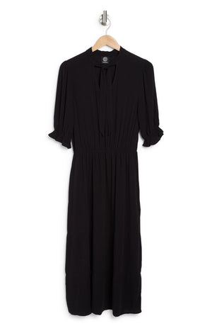 BOBEAU Tie Neck Midi Tiered Dress, Alternate, color, BLACK