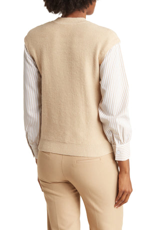 NANETTE LEPORE Twofer Cable Knit Poplin Shirt, Main, color, TAN/ WHITE