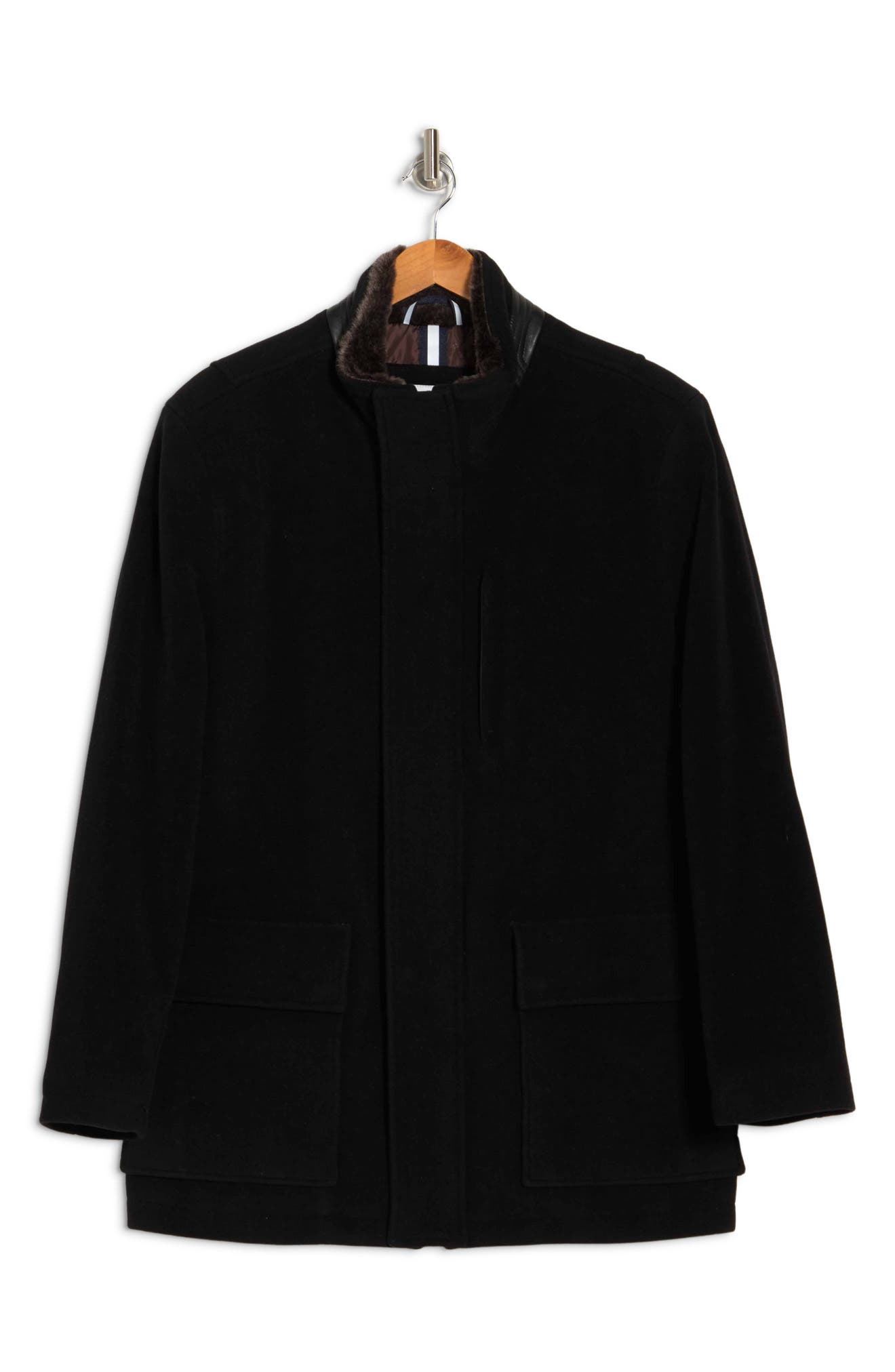 COLE HAAN SIGNATURE Wool Blend Faux Fur Lined Stand Collar Jacket, Alternate, color, BLACK