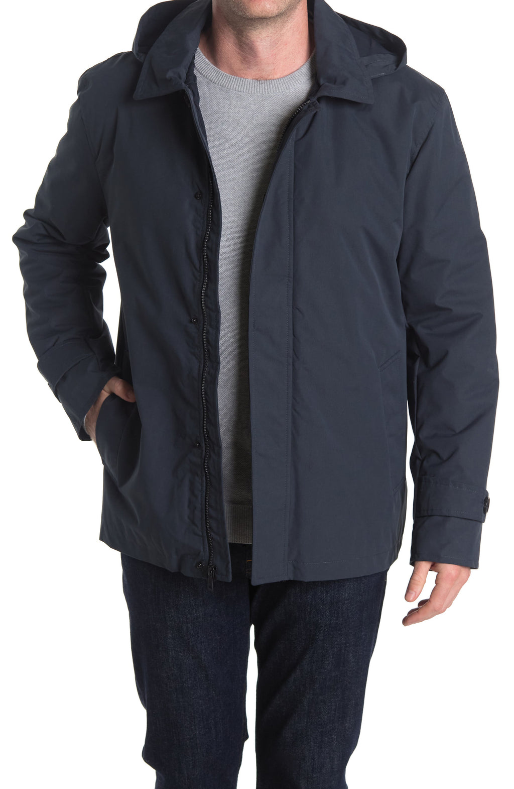 COLE HAAN Hooded Rain Jacket, Main, color, NAVY