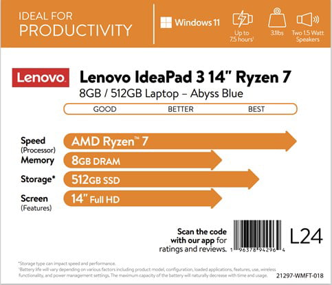 image 15 of Lenovo Ideapad 3 14" FHD Laptop, AMD Ryzen 7 5700U, 8GB RAM, 512GB SSD, Windows 11 Home, Abyss Blue, 82KT00V8US