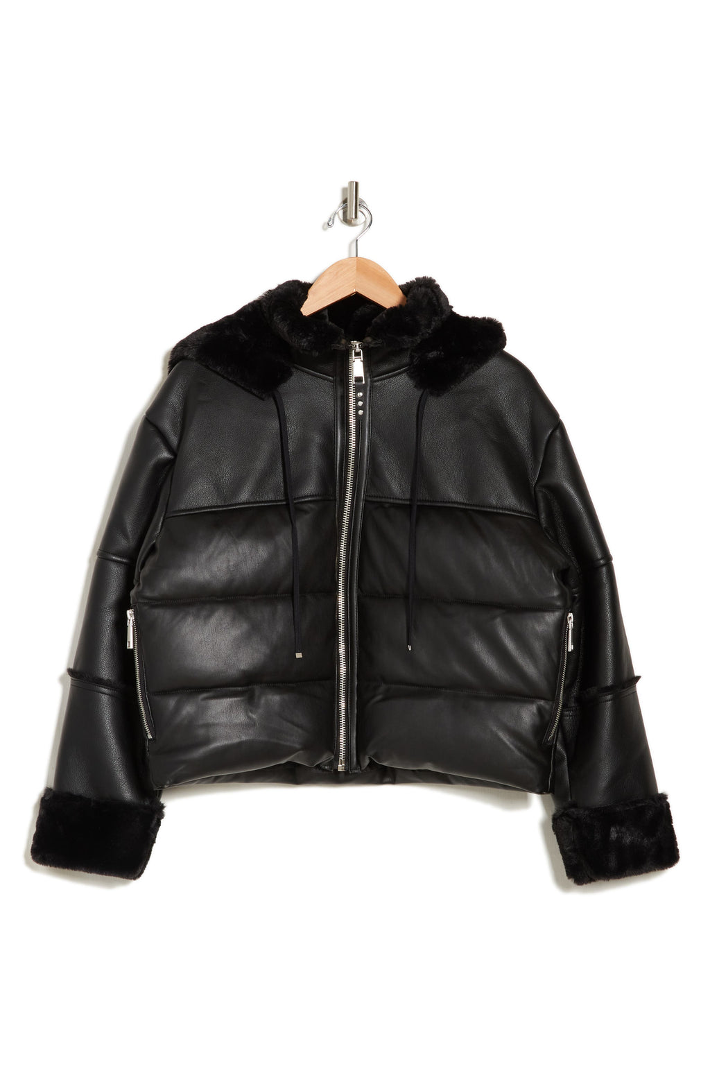 Rebecca Minkoff Faux Leather Puffer Jacket with Faux Fur Lining, Alternate, color, BLACK