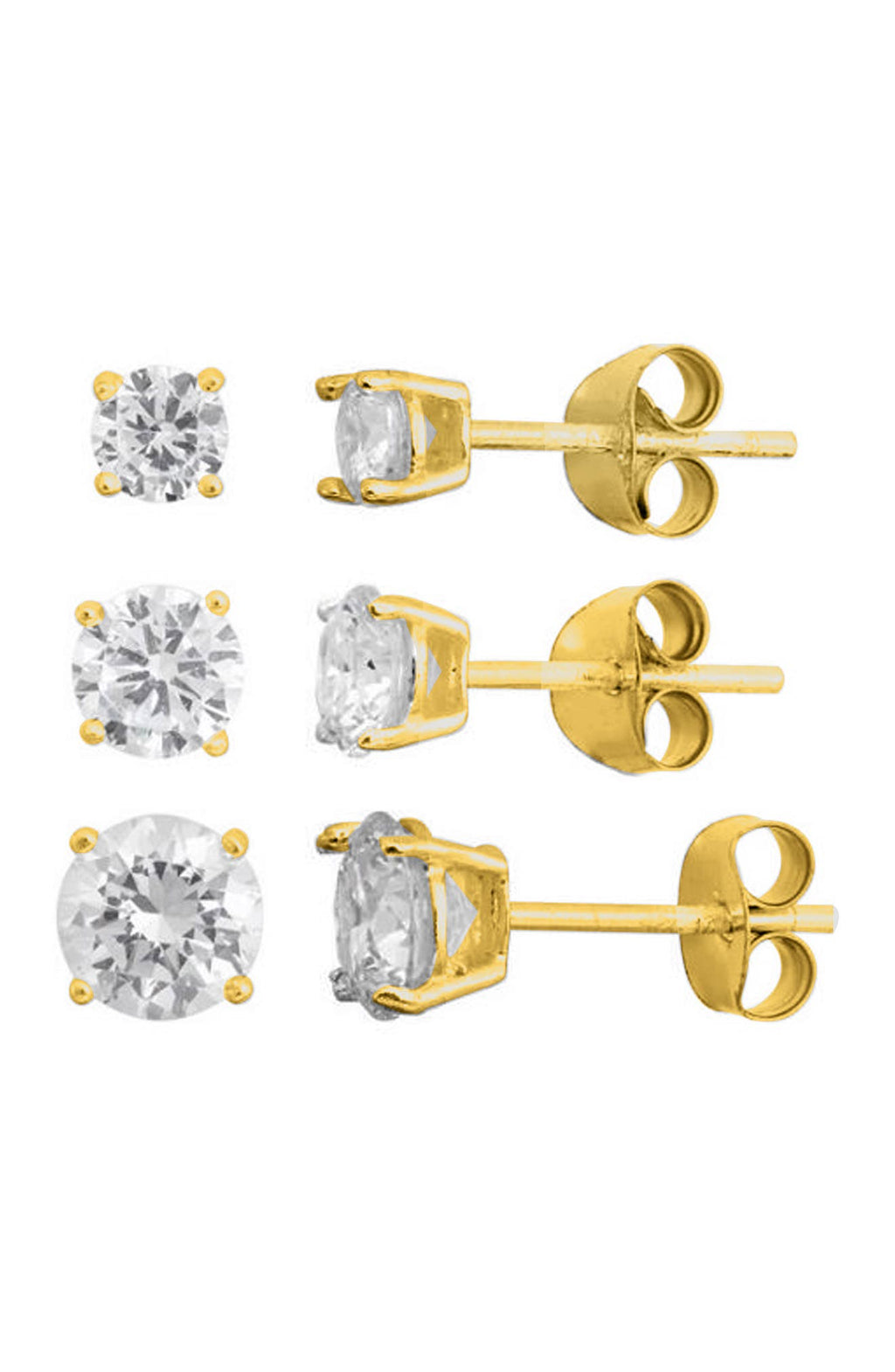 SAVVY CIE JEWELS 18K Yellow Gold Vermeil Prong Set Round CZ Stud Earrings - Set of 3, Main, color, YELLOW