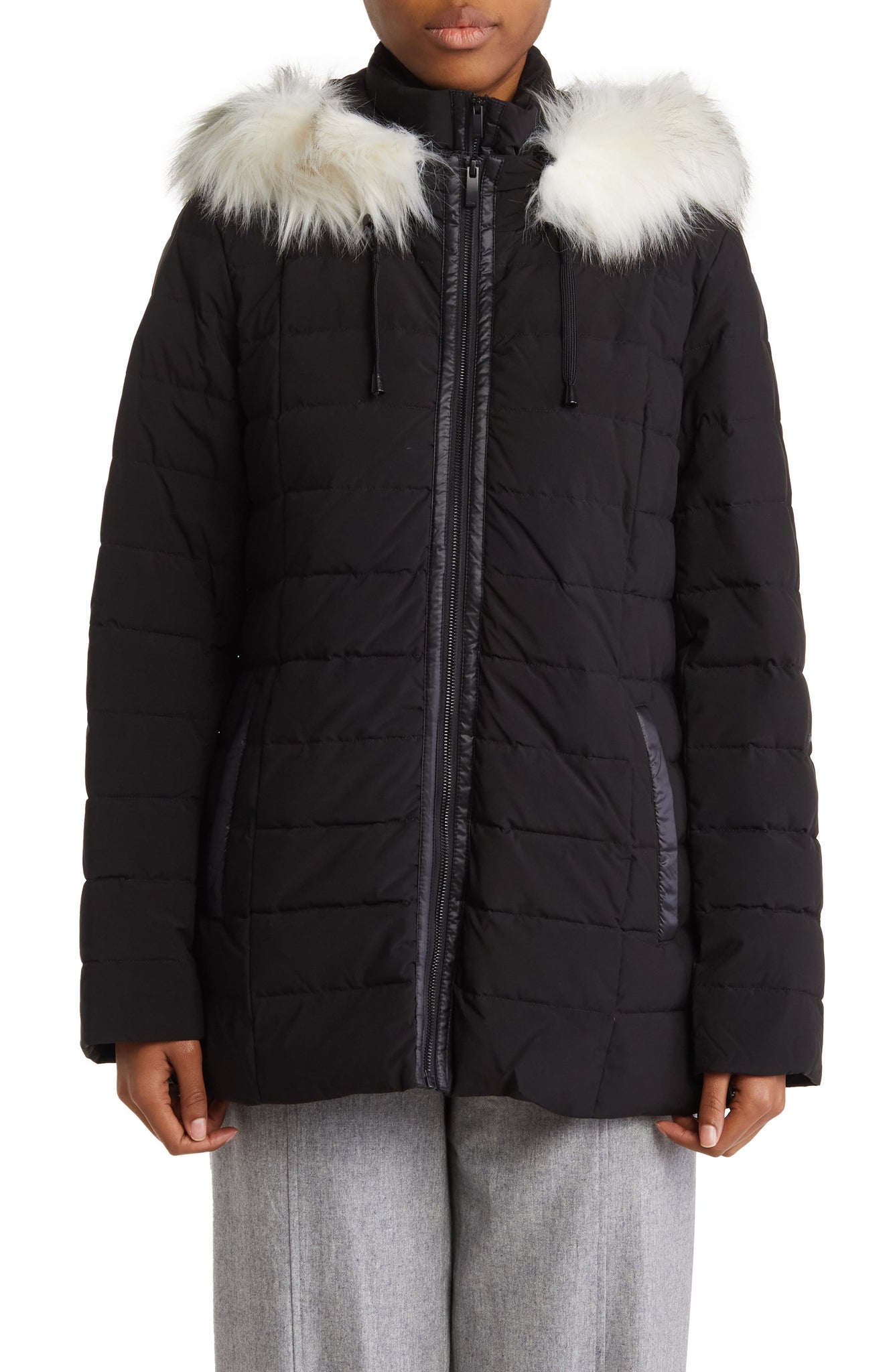 DONNA KARAN NEW YORK Zip Bib Faux Fur Hooded Puffer Jacket, Alternate, color, BLACK