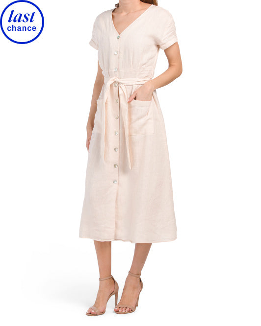 Linen Short Sleeve Belted V-neck Midi Dress