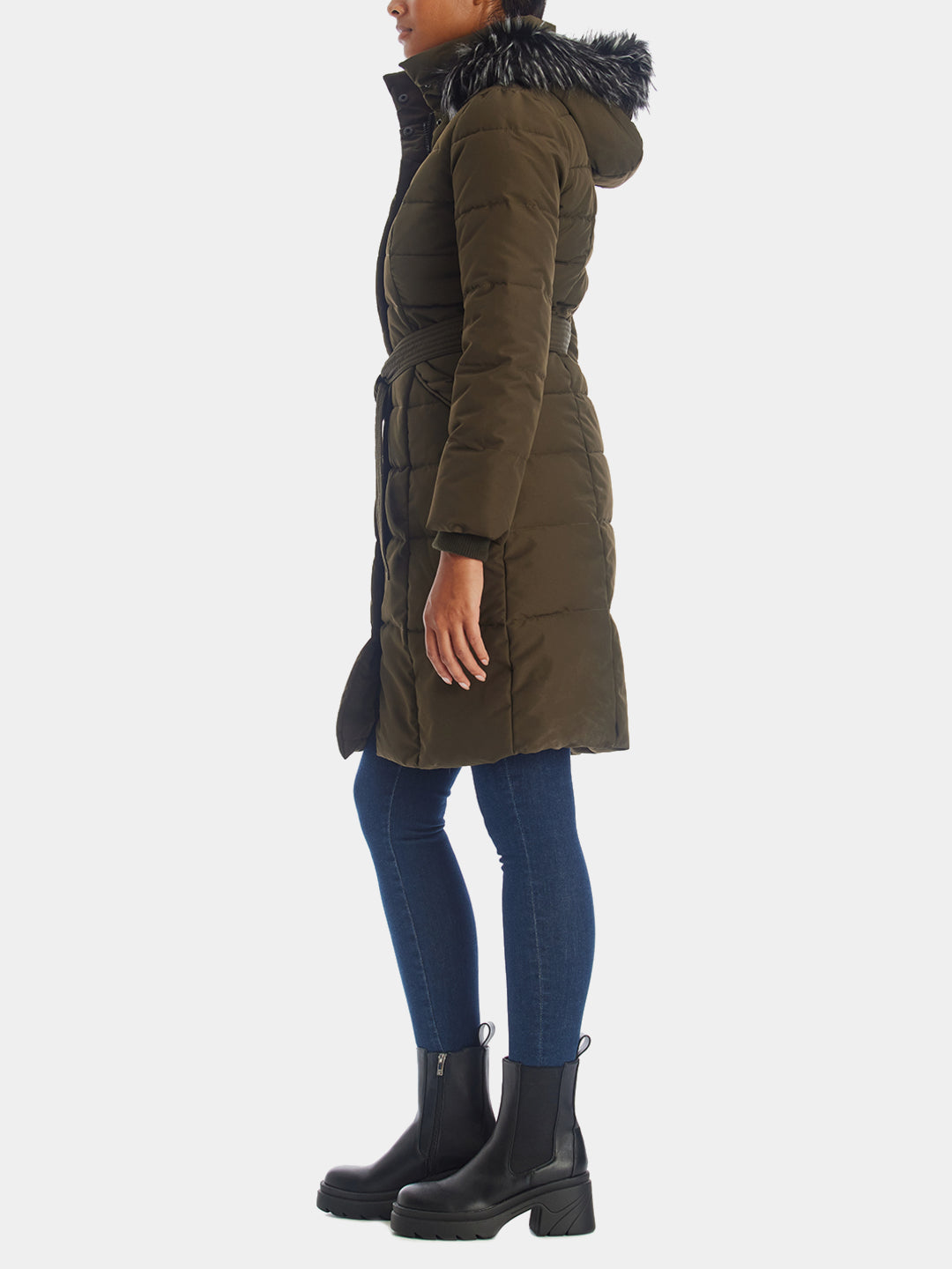 Fur Hood Belted Puffer Coat & Bib