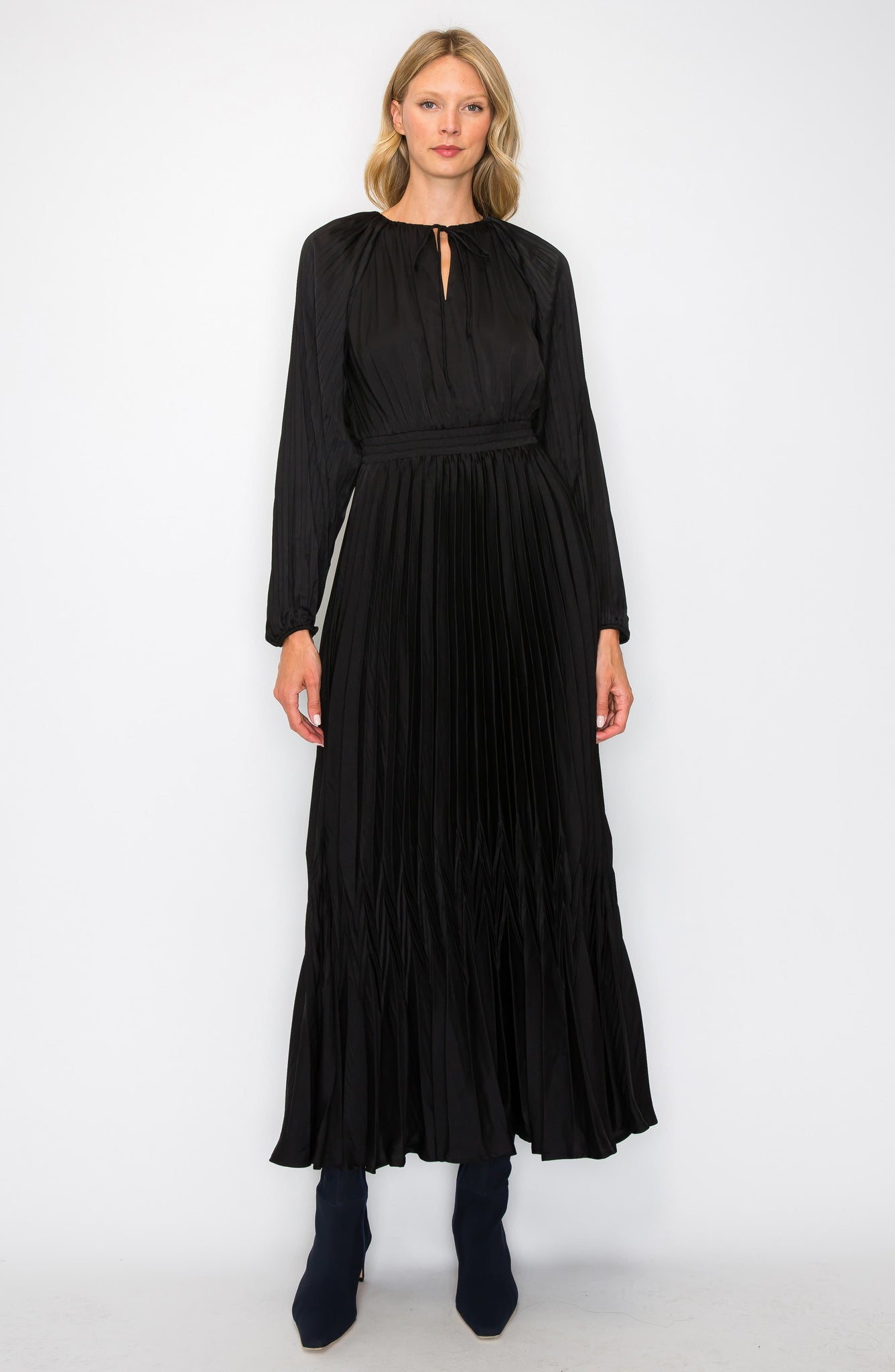 MELLODAY Pleated Long Sleeve Satin Maxi Dress, Alternate, color, BLACK
