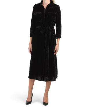 main image of Three-quarter Sleeve Velvet Midi Shirt Dress