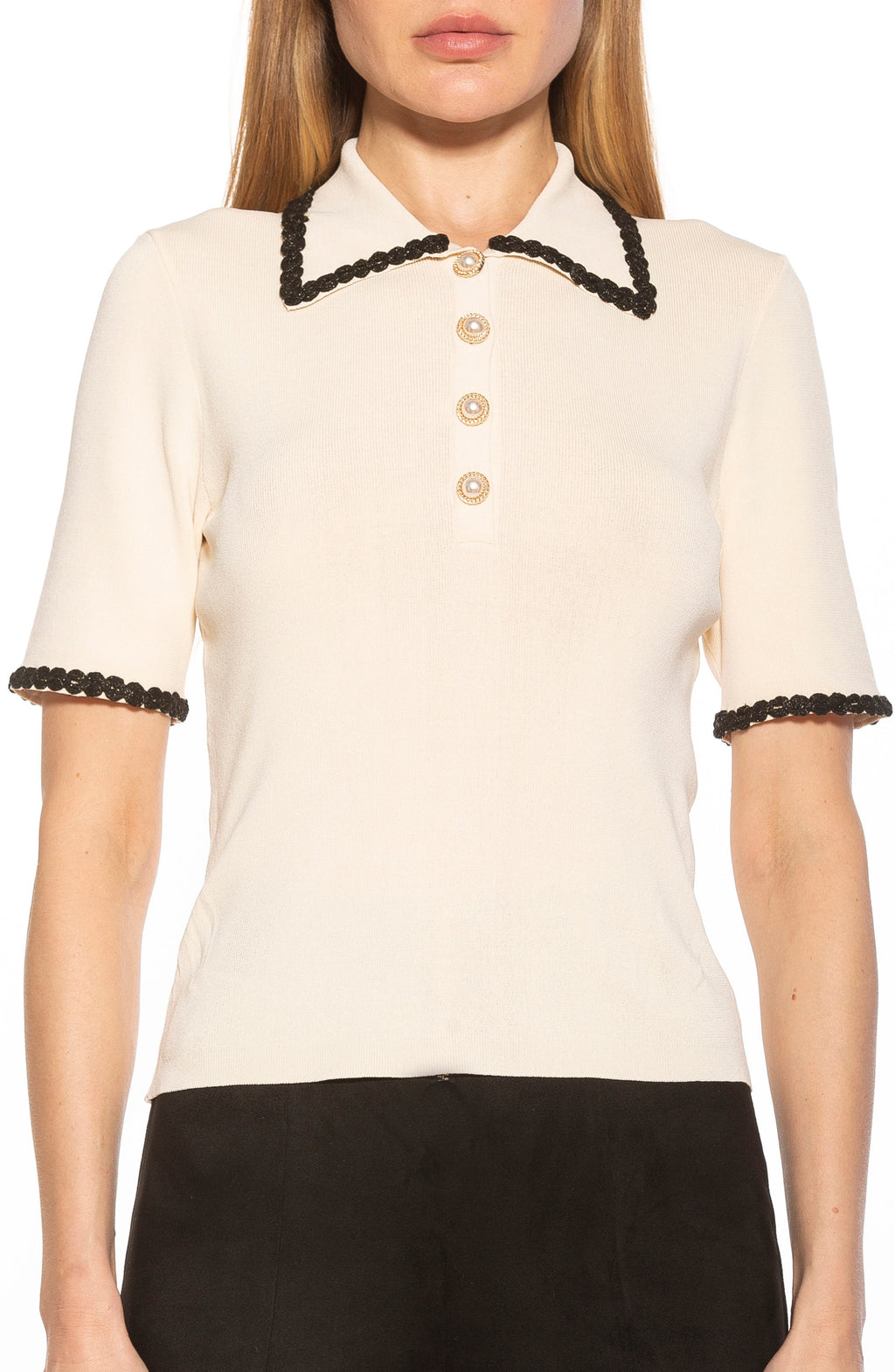 ALEXIA ADMOR Collared Knit Short Sleeve Top, Main, color, IVORY
