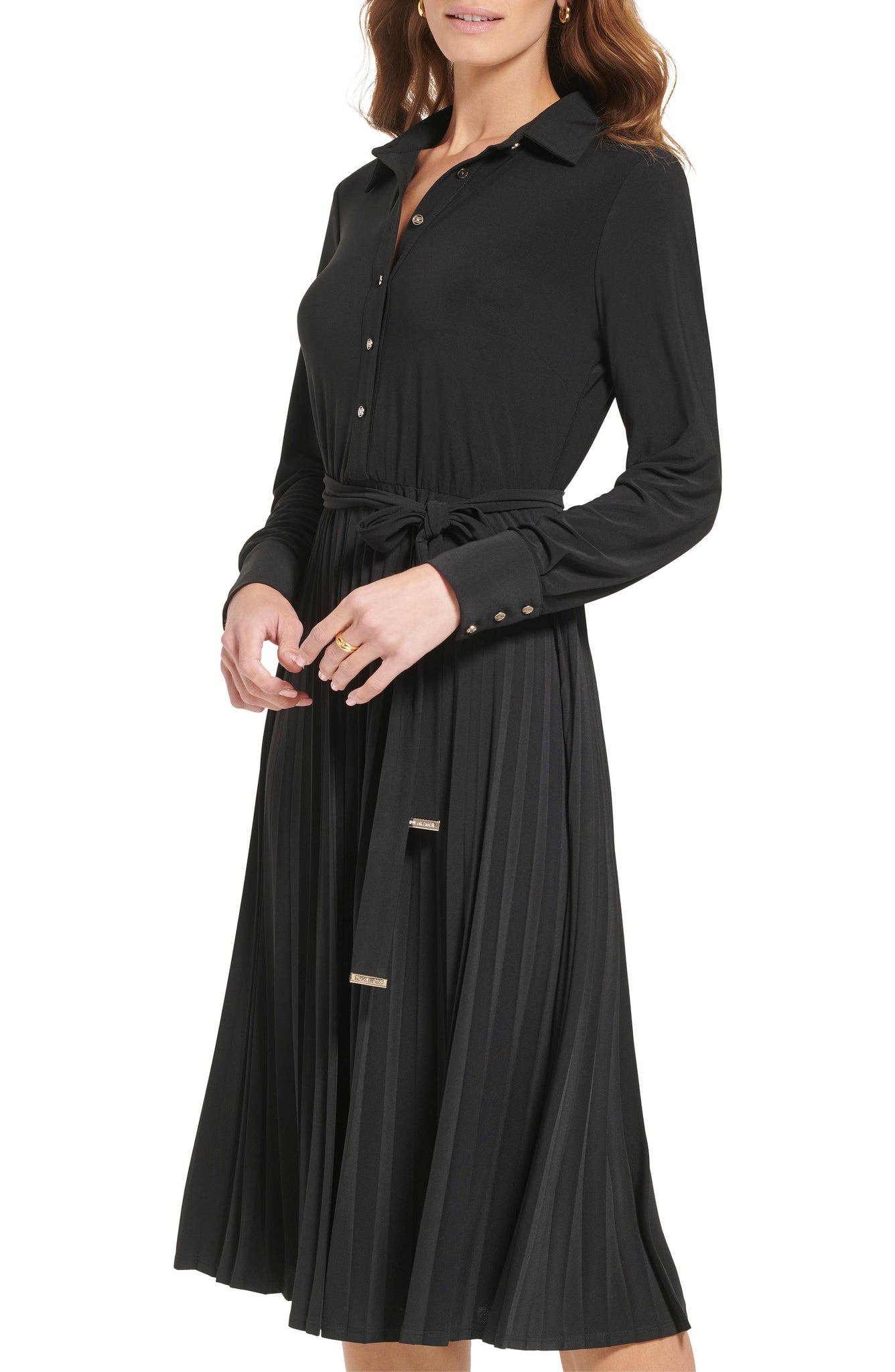 TOMMY HILFIGER Long Sleeve Pleated Shirtdress, Alternate, color, BLACK