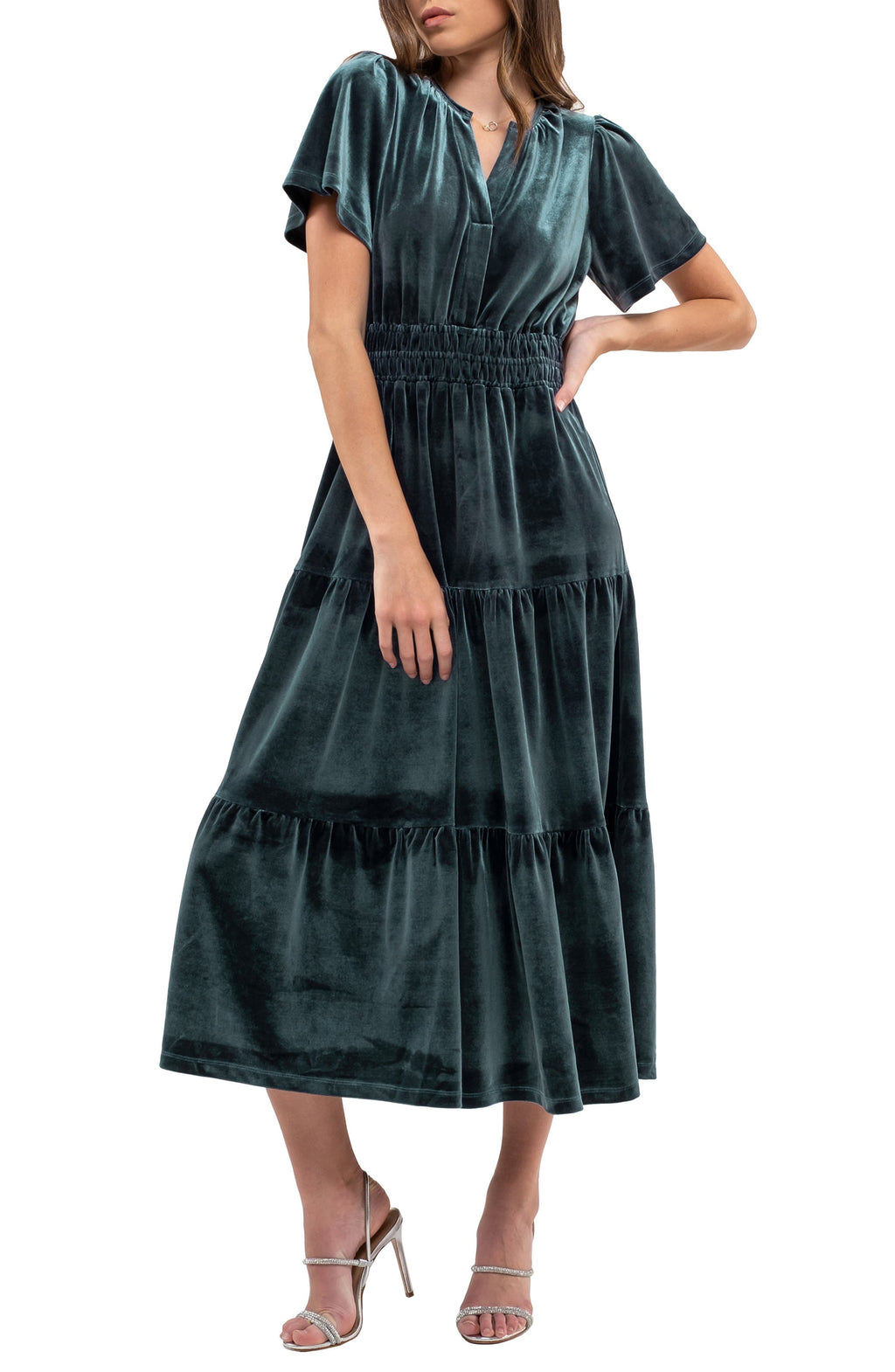 AUGUST SKY Velvet Tiered Maxi Dress, Main, color, DUSTY BLUE