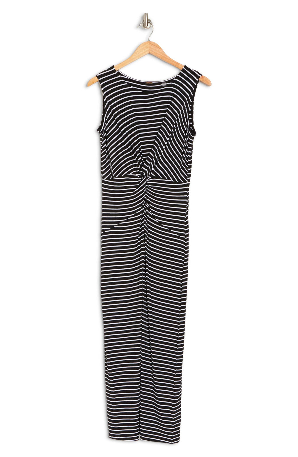 T TAHARI Front Twist Crew Neck Sleeveless Maxi Dress, Main, color, BLACK/ WHITE STRIPE