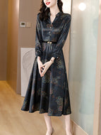 Black Satin Autumn Spring Midi Dress 2022 Women Floral Tunics Chic Robe Long Sleeve Boho Vintage Elegant Dresses For Prom Korean