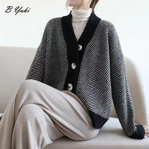 Blessyuki Oversized Loose Soft Knitted Cardigan Sweater Women Vintage Striped V-neck Long Sleeve Sweaters Female Korean Chic top
