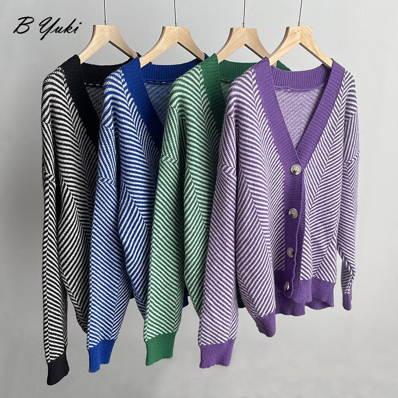 Blessyuki Oversized Loose Soft Knitted Cardigan Sweater Women Vintage Striped V-neck Long Sleeve Sweaters Female Korean Chic top
