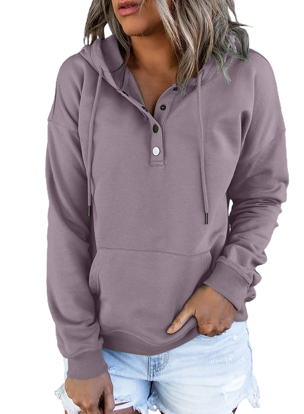 Blibea Women's Hoodie Sweatshirt Long Sleeve 1/4 Button Closure Drawstring Pullover Hooded Tops - image 1 of 8