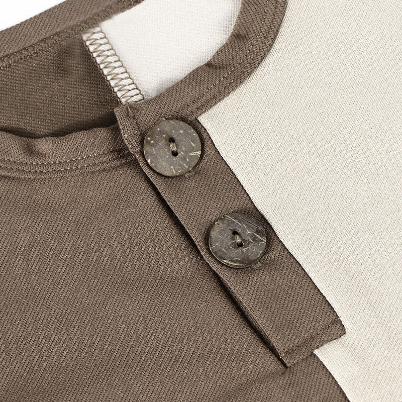 Brown denim colorblock set boys shirt round neck opening asymmetrical bottom soft material kids t shirt summer short/long sleeve