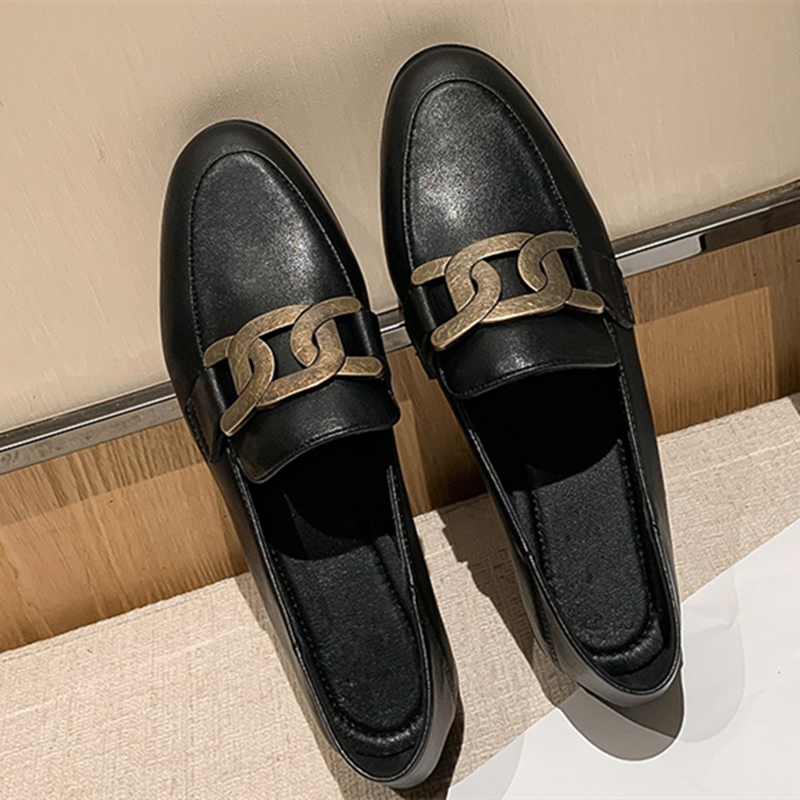 Cowhide Classic Style Black Metal Buckle Leather Flat Loafers Soft  Women Shoes Driving  Maternity Shoes  Pumps Brown Walking