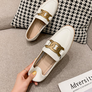 Cowhide Classic Style Black Metal Buckle Leather Flat Loafers Soft  Women Shoes Driving  Maternity Shoes  Pumps Brown Walking
