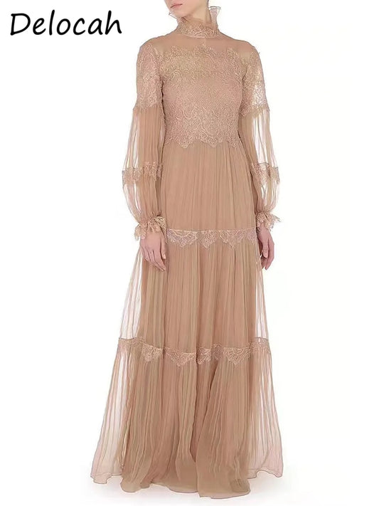 Delocah 2022 Spring Women Fashion Runway Long Dress Flare Sleeve Gorgeous Lace Embroidery Solid Color Ladies Dresses Vestidos