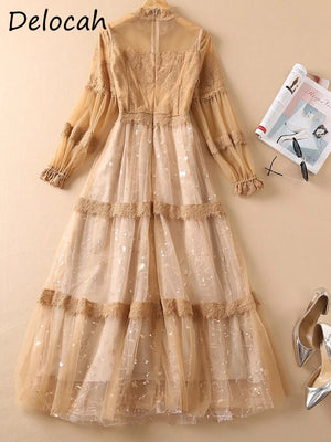 Delocah 2022 Spring Women Fashion Runway Long Dress Flare Sleeve Gorgeous Lace Embroidery Solid Color Ladies Dresses Vestidos