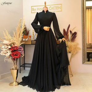 Elegant Black Muslim Evening Dresses 2022 A Line Chiffon Pleated Arabic Prom Evening Gowns for Women Long Sleeve Formal Dress