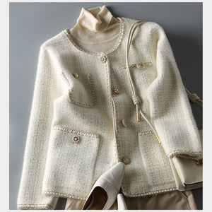 Elegant Crew Neck Soft Mink Cashmere Short Jacket Chic Pearl Button Long Sleeve Design Sweater Cardigan Korean Style Knit Coat