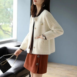 Elegant Crew Neck Soft Mink Cashmere Short Jacket Chic Pearl Button Long Sleeve Design Sweater Cardigan Korean Style Knit Coat