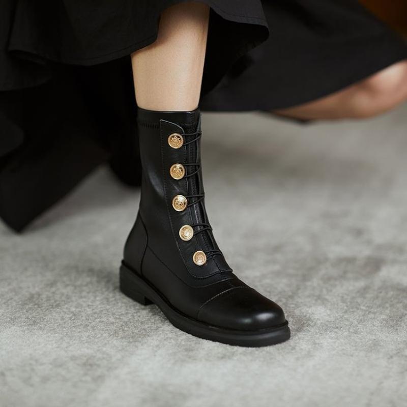 Fashion Women Boots Metal Decoration Round Toe Low Square Heel Ladies Mid-calf Boots Black Zipper All-match Mature Female Shoes