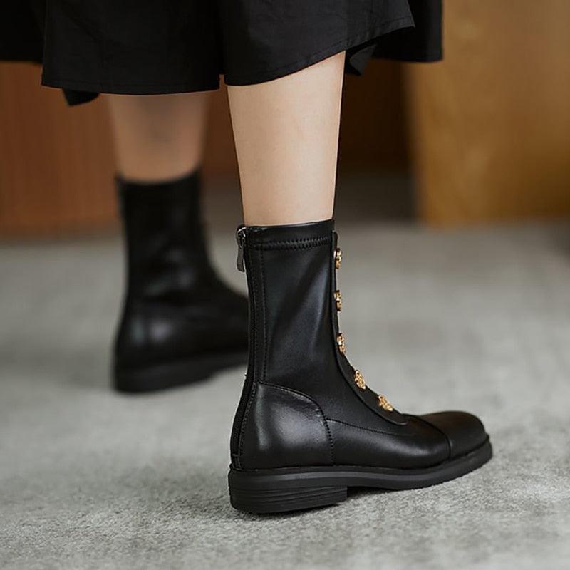 Fashion Women Boots Metal Decoration Round Toe Low Square Heel Ladies Mid-calf Boots Black Zipper All-match Mature Female Shoes