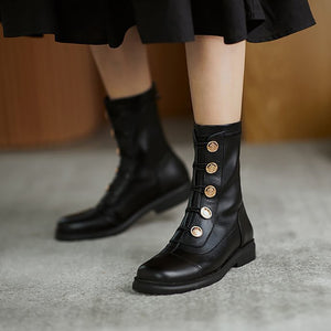 Fashion Women Boots Metal Decoration Round Toe Low Square Heel Ladies Mid-calf Boots Black Zipper All-match Mature Female Shoes