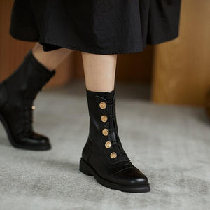Fashion Women Boots Metal Decoration Round Toe Low Square Heel Ladies Mid-calf Boots Black Zipper All-match Mature Female Shoes